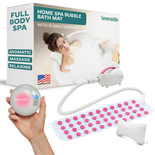 SereneLife Bubble Bath Mat - Portable Spa Bubble Bath Massager with Waterproof Bath Light & Pillow