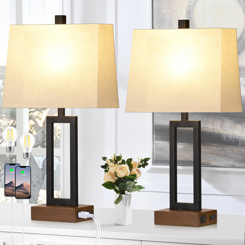 Set of 2 with 2 USB Ports and AC Power Outlet, 23.5" Modern Bedside Lamp, Wood Nightstand Lamp with Linen Shade for Living Room Hotel