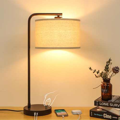 Tall Table Lamp with USB C+A Ports, Fully Stepless Dimmable Modern Minimalist Bedside Nightstand Lamp, Reading Desk Lamp for Bedroom, Living Room