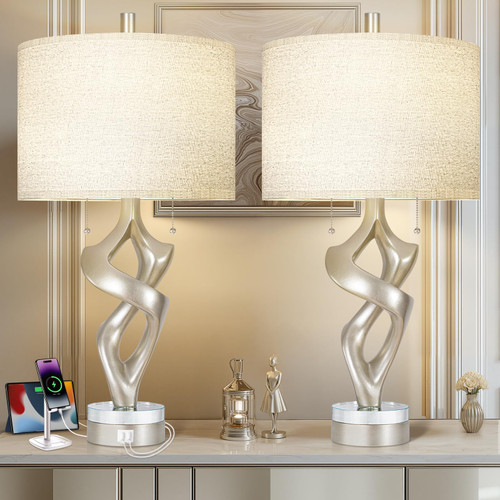 26” Antique Silver Leaf Dual Pull Chains Bedside Lamps, Nightstand Lamp with USB Ports for Home Room Decor, Set of 2 (Bulbs Included)