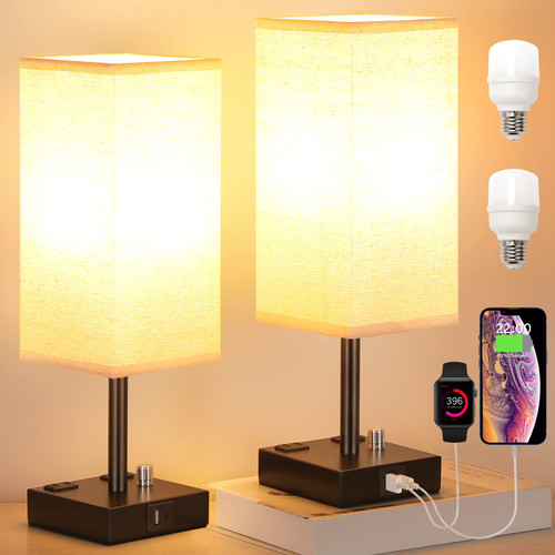 aooshine Fully Dimmable Nightstand Lamps Set of 2 - Table Bedside Lamp with USB C+A Charging Ports & 2 AC Outlets