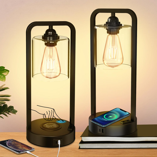 Wireless Charging Table Lamp for Bedroom Set of 2, Touch Control Dimmable with Type C USB Ports & AC Outlet Bedside Nightstand Lamp