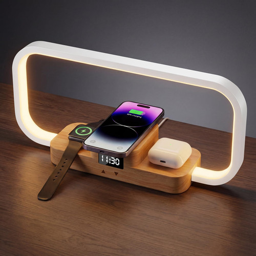 Dimmable Nightstand Lamp with 5 Color Modes, Modern Bedroom Desk Lamp, Gift for Women & Men,Wooden,Adapter Included