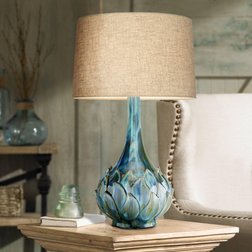 29 1/2" Tall Blue Green Glaze Ceramic Beige Linen Drum Shade for Bedroom Living Room House Home Bedside Nightstand Office Family
