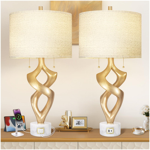 31” Big Gold Leaf Marble Base Bedside Lamps, Pull Chains Switch Modern Nightstand Lamp with USB Ports for Home Room Decor,Set of 2