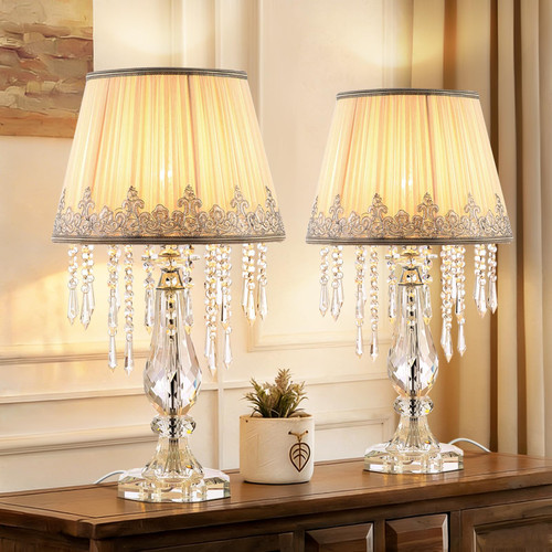 Set of 2 with Ruched Fabric Lampshade, Elegant Plug-in Chandelier Nightstand Lamp for Living Room Girls Room, W 12.6" X H 22.8"