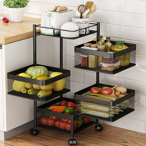 4-Tier Vegetable Fruit Baskets Rotating Kitchen Storage Shelf Durable Carbon Steel Stand Storage Rack Rolling Utility Cart