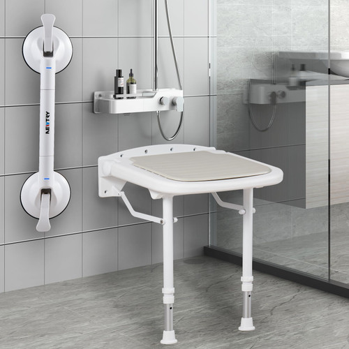 Shower Seat Wall Mounted with Bathroom Grab Bar, 550lb Fold Down