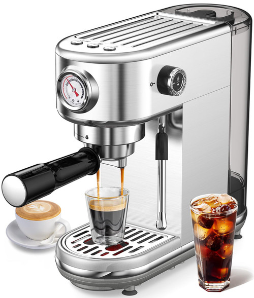 Compact Stainless Steel Coffee Machine for Home, Office, Latte, Cappuccino, Macchiato