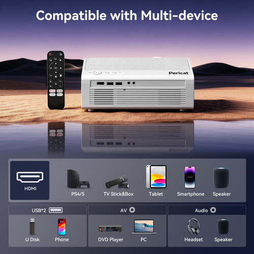 Pericat 4K Support Portable Outdoor Movie Bluetooth Proyector, Native 1080P Projector for Bedroom/ Home / Wall /Ceilling