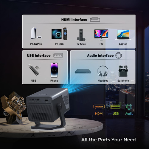 【Native 1080P & 800ANSI High Brightness】 Portable Projector with WiFi and Bluetooth,Smart Projector With AI Visual Calibration