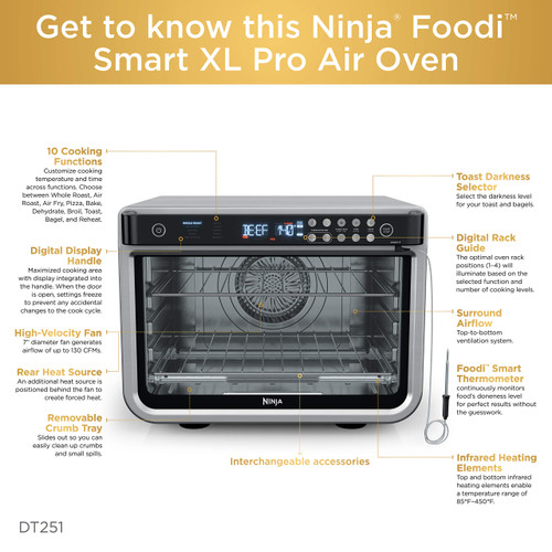 Ninja DT251 Foodi 10-in-1 Smart XL Air Fry Oven, Bake, Broil, Toast, Roast, Digital Toaster, Thermometer, True Surround Convection