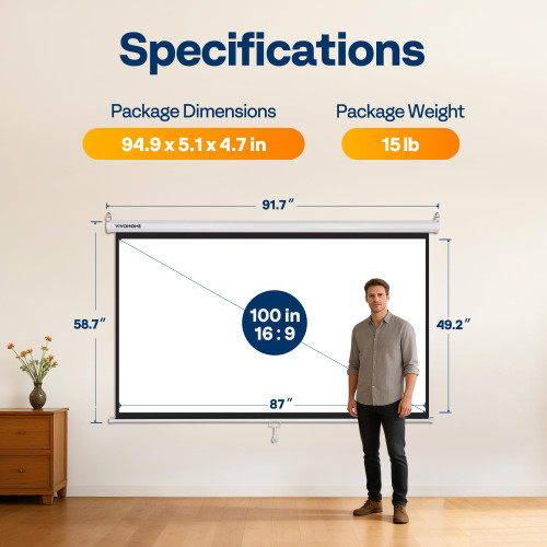 VIVOHOME 100 Inch 16:9 Pull Down Projector Screen, HD 4K Retractable Movie Screen for Indoor Home Theater and Office