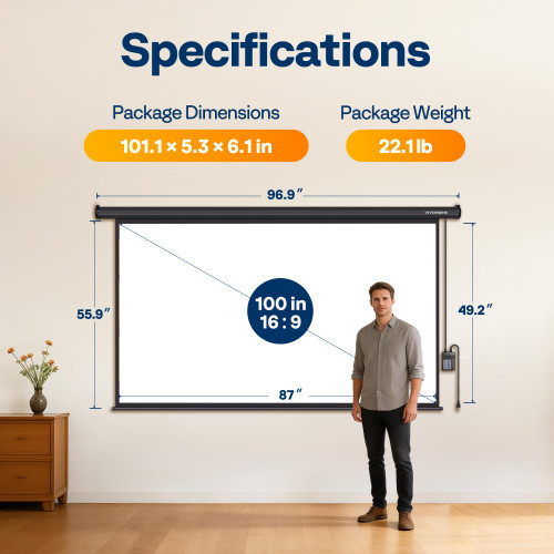 16:9 100 Inch Auto Electric Projection Screen, HD 4K Movie Screen for Home Theater, Cinema, Office (87 x 49 Black)