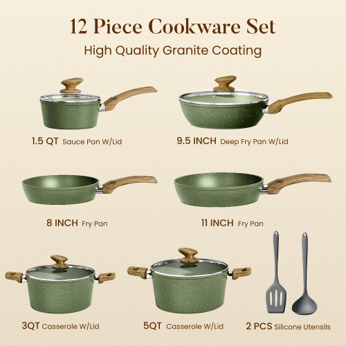 Kitchen Academy Non Toxic Pots and Pans Set Non Stick - 12 Piece Induction Cookware Sets