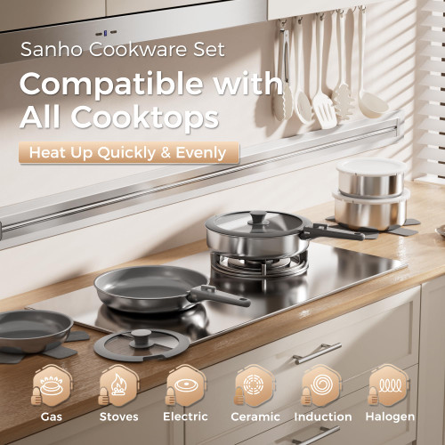 Sanho 21-Piece Pots and Pans Set, Ceramic Nonstick Cookware with Detachable Handles