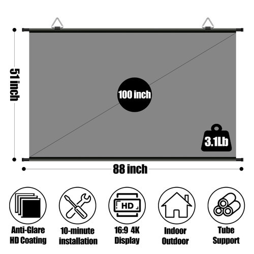 100 inch Projector Screen, Xiaohui Portable Movie Projector Screen for Indoor Outdoor