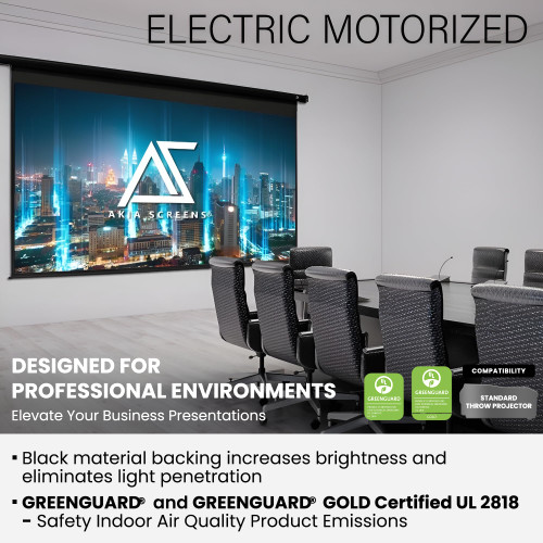 Akia Screens 125-Inch Motorized Projector Screen, 16:9, Electric Drop Down with Remote, Wall or Ceiling Mount