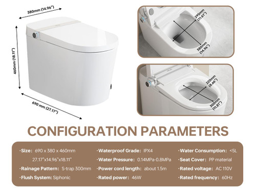 Toilet with Built-in Heated Seat, Elongated Tankless