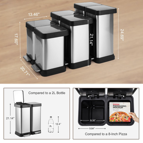 Trash and Recycling Bin, 50L(2x25L) Fingerprint Proof Stainless Steel Kitchen Garbage Can