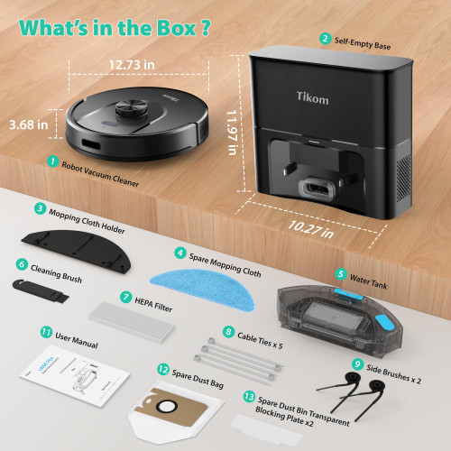 Tikom Robot Vacuum and Mop, 6000Pa Robotic Vacuum Cleaner with Self-Emptying Base, 90 Days Capacity
