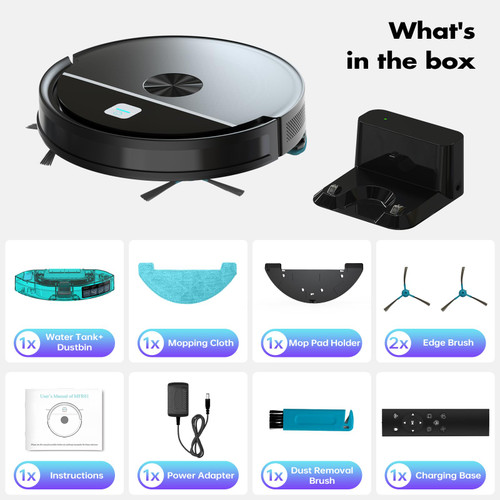 2 in 1 Mopping Robot Vacuum Cleaner,Dustbin and Watertank, for Pet Hair,Hard Floors and Low Pile Carpet Black