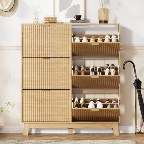 HUANLEGO Shoe Cabinet Storage for Entryway with 6 Flip Drawers, Fluted Narrow Shoe Organizer with Wooden Legs