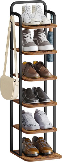 Hzuaneri 6 Tiers Vertical Shoe Rack, Narrow Shoe Tower, Tall Shoes Shelf with 2 Hooks, Adjustable Shelves
