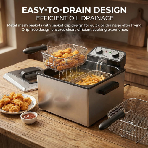 Electric Deep Fryer for Home Use, 1800W Stainless Steel Countertop Fryer with 5L Oil Tank