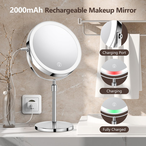 Lighted Makeup Mirror, Rechargeable Height Adjustable Double
