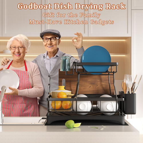 Godboat Dish Drying Rack, 2-Tier Dish Rack with Auto-Drain & Mat