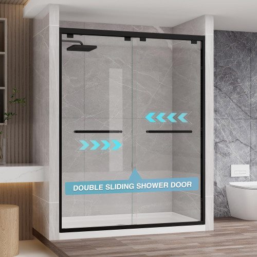 Glass Shower Door, 61-66" W x 76" H Semi-Frameless Double Sliding Shower