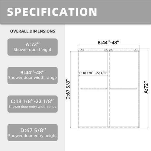 Semi-Frameless Sliding Shower Door 44-48” W x 72" H, 6mm SGCC Tempered Glass
