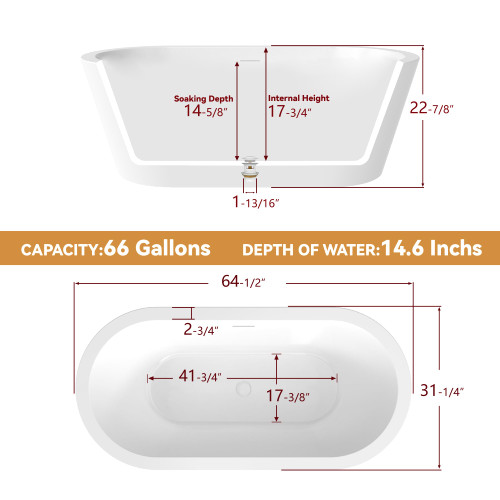 64" Free Standing Tub, Pure Acrylic Freestanding Bathtub, Stylish Stand Alone