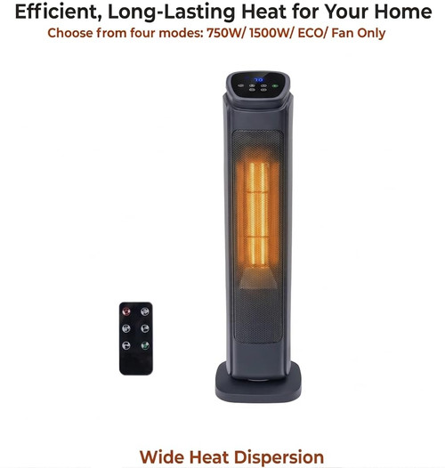 Comfort Zone 30-Inch Oscillating Tower Space Heater with Remote Control – 1500W High Velocity Ceramic Heater for Large Rooms