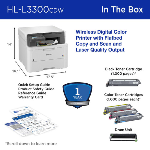 Brother HL-L3300CDW Wireless Digital Color Multi-Function Printer with Laser Quality Output, Copy & Scan, Duplex, Mobile | Includes 2 Month Refresh Subscription Trial ¹, Works with Alexa