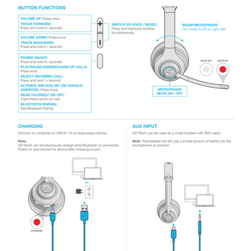 JLab Go Work Wireless Headsets with Microphone, 45+ Playtime PC Bluetooth Headset and Multipoint Connect to Laptop Computer and Mobile, Wired or Wireless Headphones (1 Pack)