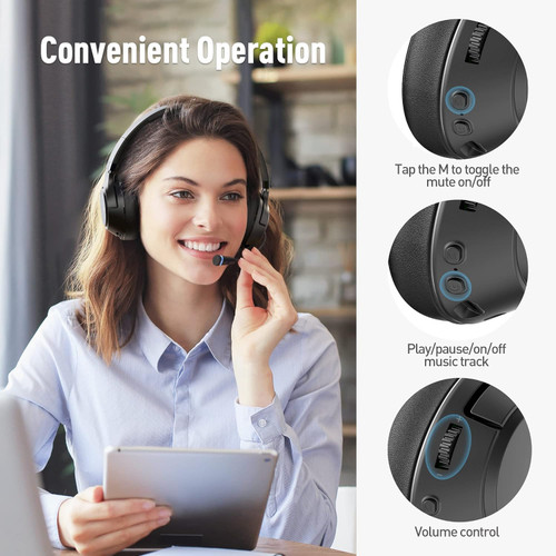 COOSII H300 Wireless Headphones with Microphone, Over Ear Bluetooth Headsets with USB Dongle & Mute, Environmental Noise Cancelling Retractable Mic for Work Office Call Center Laptop Computer (Black)