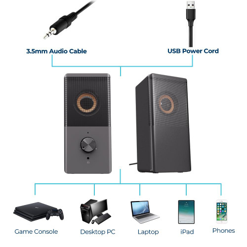 ROSON Computer Speaker, Compact Size Speaker with Headphone Jack, Volume Control, Stereo 2.0 USB Powered 3.5mm Aux Multimedia Speakers for Laptop/Desktop/Tablets/Phone
