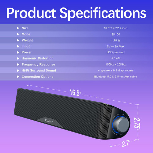 Nylavee Computer Speakers, Hi-Fi Stereo Computer Sound Bar with Bluetooth & 3.5mm Aux, USB/USB-C Powered for Desktop PC, Laptop & Monitor, Built-in Mic and Headphone Jack
