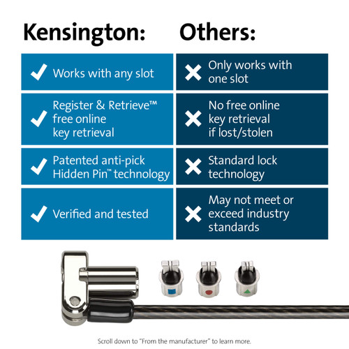 Kensington Universal 3-in-1 Keyed Laptop Locking Cable, Computer Security Keyed Lock, T-bar, Nano, Wedged-shaped (K62318WW)