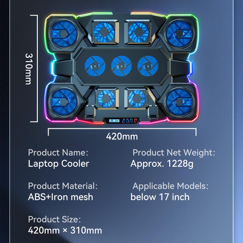 Gaming Laptop Cooling Pad - 11 High Speed Turbo Fans Ultra Quiet Laptop Cooler Stand with RGB Lights Digital Display Height Adjustable for 17 Inch Laptop