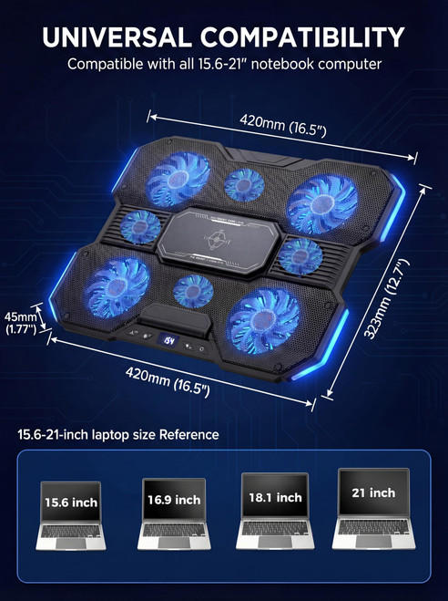 8-Fan Laptop Cooling Pad with Thermoelectric Cooler, 5-Speed Independent Control, 10 RGB Lights, 7-Height Adjustable Metal Panel Laptop Cooler, for 15.6-21 Inch Gaming Laptops