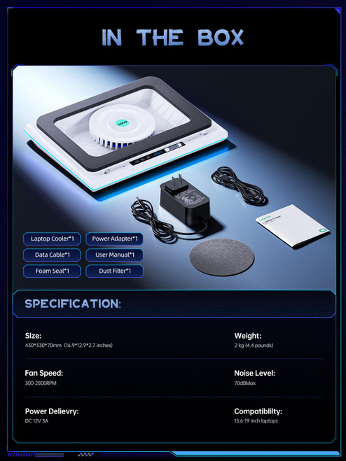 llano RGB Laptop Cooling Pad, White, Powerful Turbofan, Quiet Cooling, Touch Control, LCD Screen, Seal Foam, 15-19in Laptops