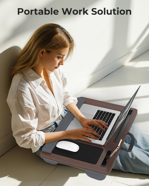 Potuopy Lap Desk - Up to 17” Laptop Tray with Wrist Rest, Portable Handle, Fixed Mouse Pad, Tablet & Phone Slots, Laptop Lap Desk with Cushion (Dark Brown)