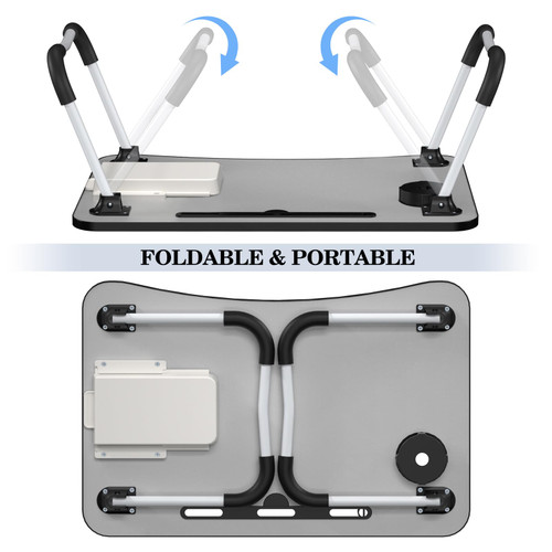 Foldable Laptop Bed Table Tray - Folding Lap Desk with Cup Holder - Portable Serving Breakfast Tray with Storage Drawer/Tablet Stand/for Working, Writing, and Eating on Bed, Sofa, or Floor - Black