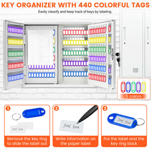 Oepmoc 440 Keys Dual-Door Key Lock Box Wall Mount with 20 Adjustable Hook Plates, Numbered Hooks and Tags, Steel Key Cabinet with Index Log, Key Storage Box Key Organizer for Garage Home Office, White