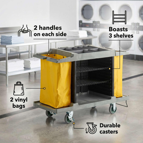 59” x 21” x 38” 3-Shelf Multifunctional Housekeeping Cart - Commercial Hotel Cart with 2 Vinyl Bags, 8 Top Compartments, Vacuum Bracket, Locking Casters for Janitorial and Room Service Use - 132 lb