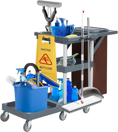 Commercial Janitorial Cart on Wheels, 3-Shelf Cleaning Trolley Cart with 16-Gallon Trash Bag, 220 Lbs Capacity Rolling Housekeeping Carts, Ideal for Hotel,School, Apartments