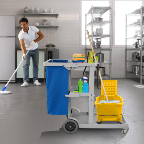 Dryser Commercial Janitorial Cleaning Cart on Wheels - Housekeeping Caddy with Shelves and Vinyl Bag